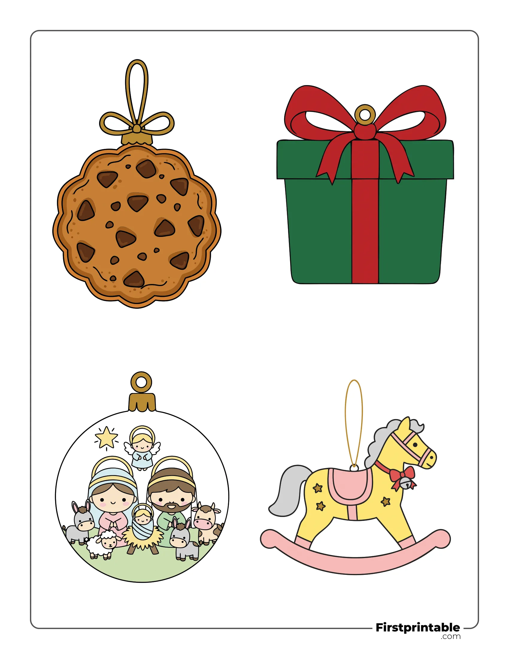 Christmas Ornaments Template Colored - Cookies, Gift Box, Nativity, Rocking Horse