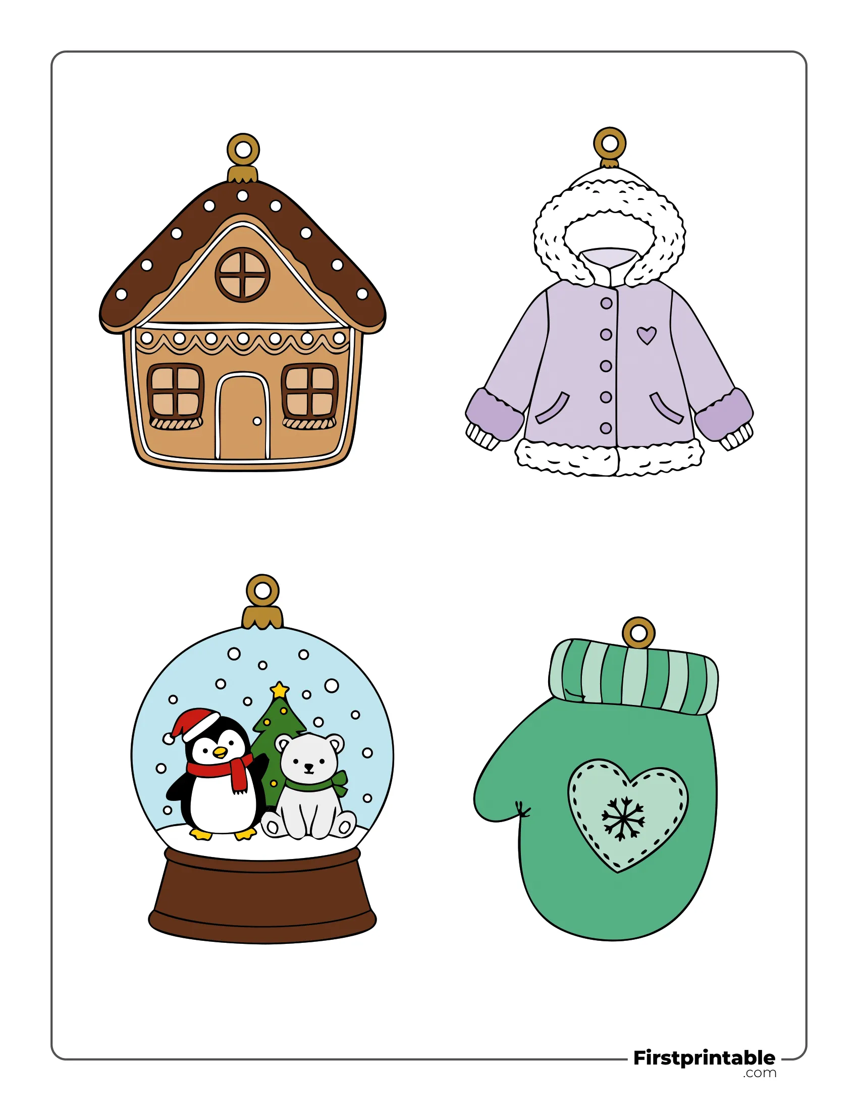 Christmas Ornaments Template Colored - Gingerbread House, Jacket, Snow Globe, Mitten