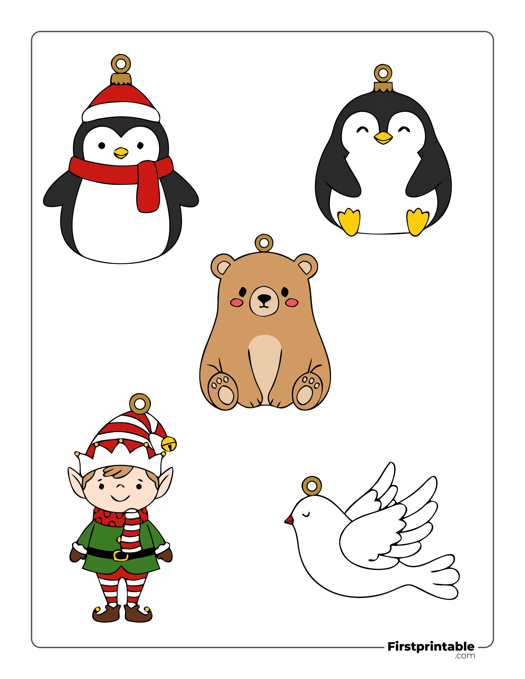 Christmas Ornaments Template Colored - Penguin, Bear, Elf, Dove