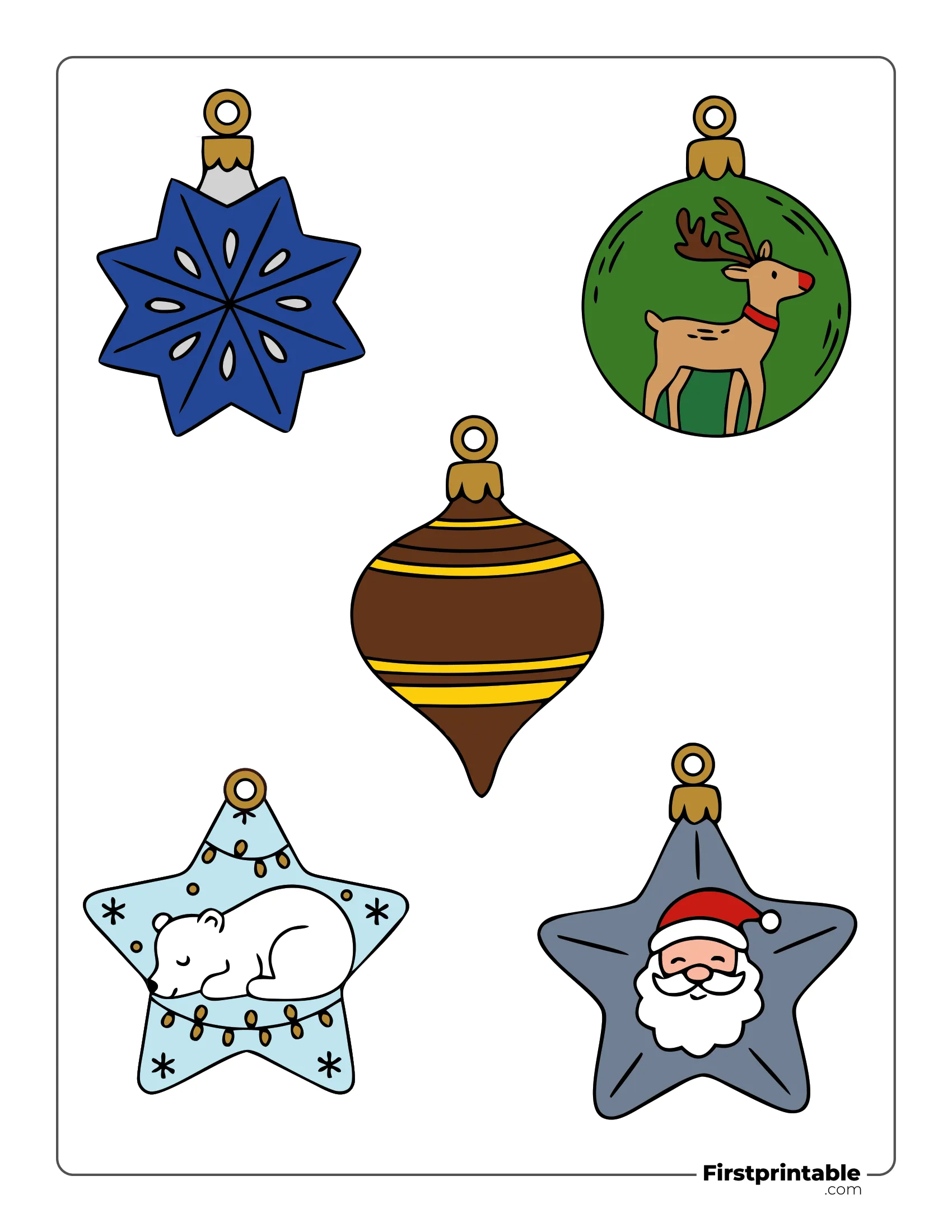Christmas Ornaments Template Colored - Reindeer, Bear, Santa
