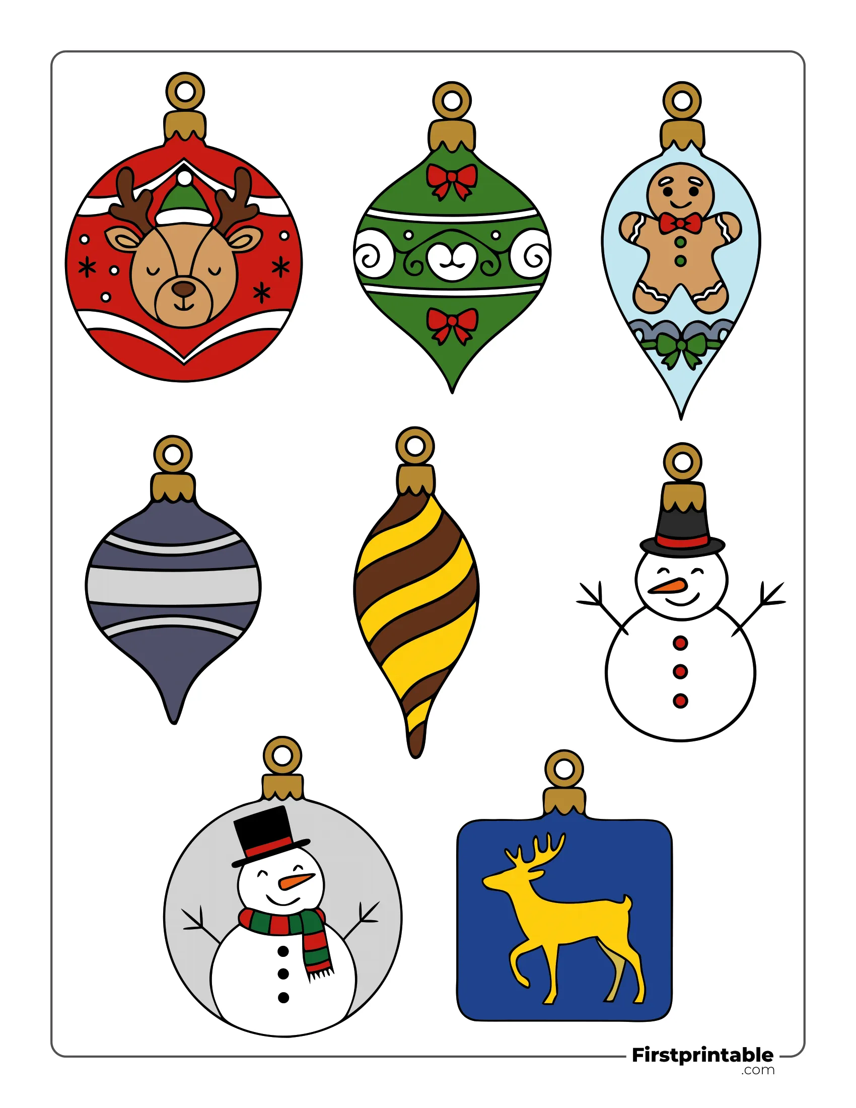 Christmas Ornaments Template Colored - Snowman, Reindeer, Gingerbread Man