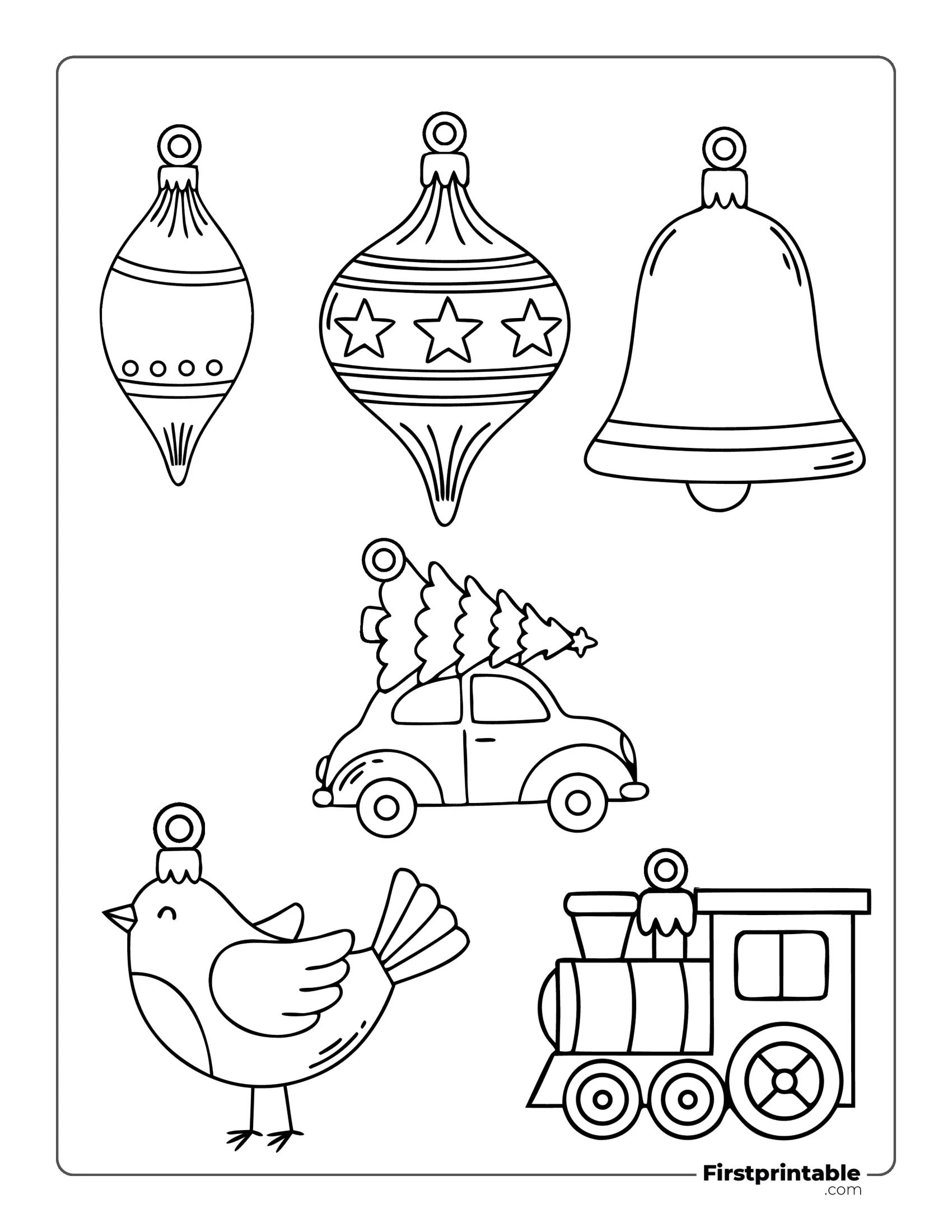 Cute Christmas Ornaments Template - Car with Tree, Bird, Train