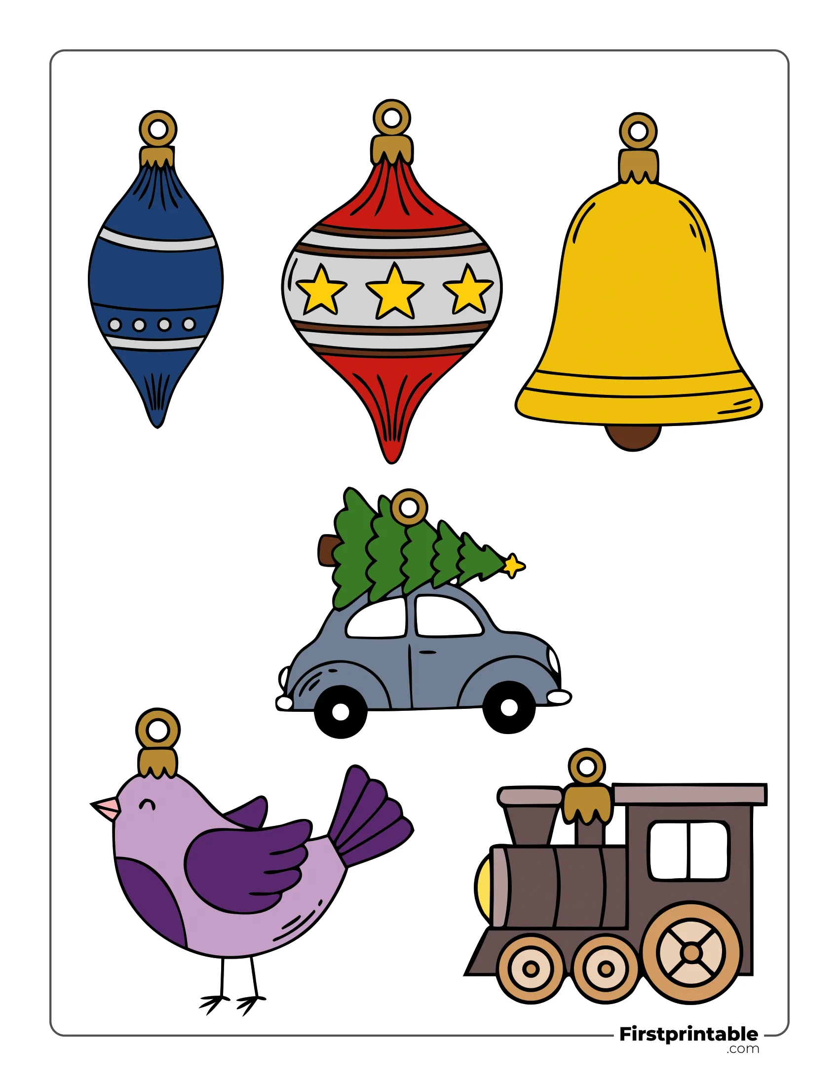 Cute Christmas Ornaments Template Colored- Car with Tree, Bird, Train