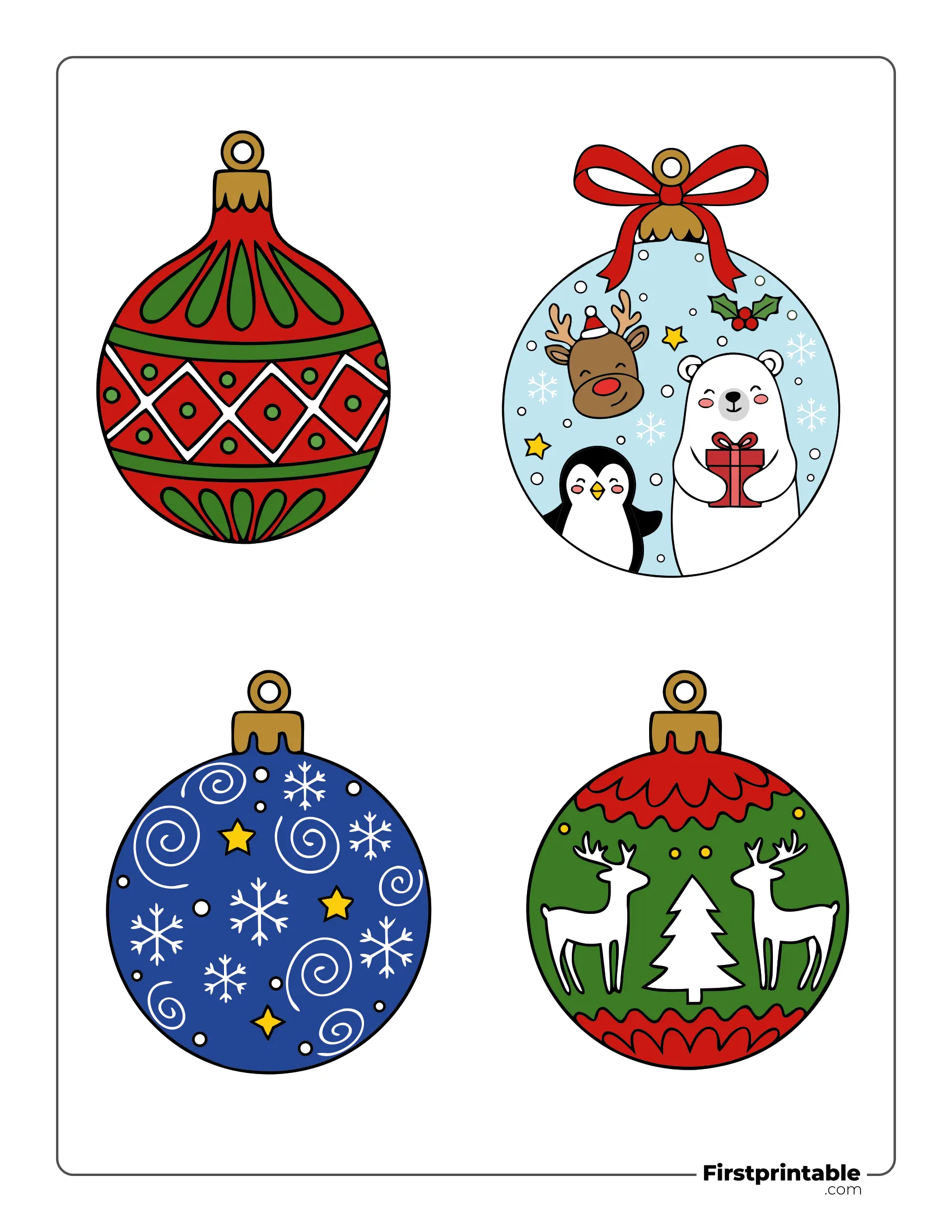 Patterned Christmas Ornaments Template Colored - Reindeer, Bear, Penguin