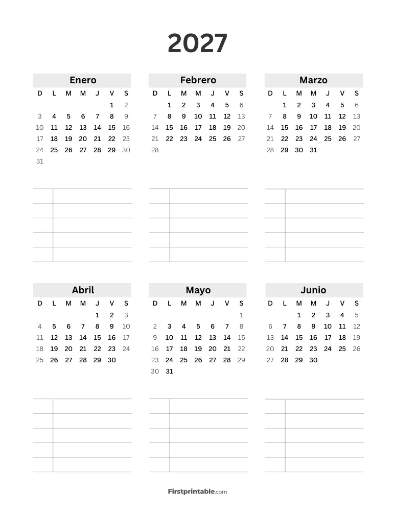 Planificador anual 2027 sencillo para imprimir página 01