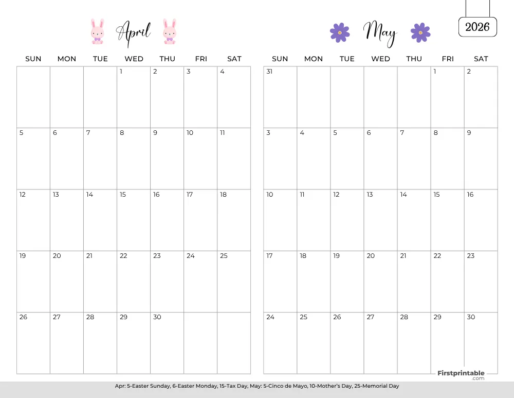 Two Month April May 2026 Calendar Template 01