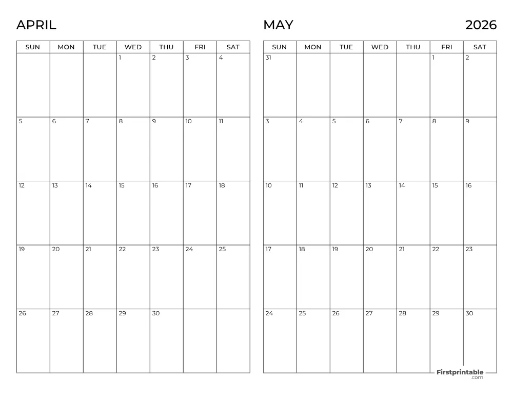 Two Month April May 2026 Calendar Template 03