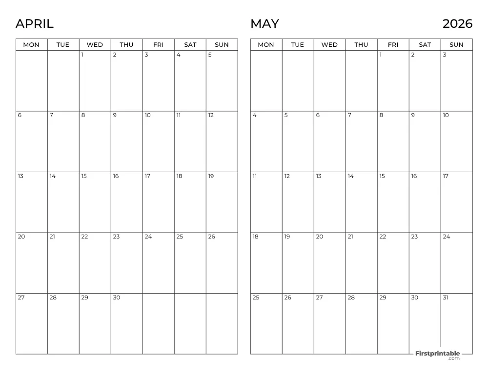 Two Month April May 2026 Calendar Template 10