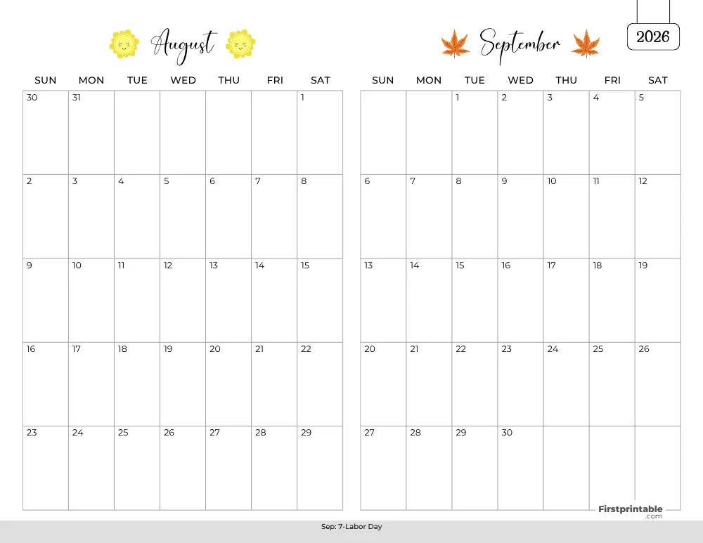 Two Month August September 2026 Calendar Template 01