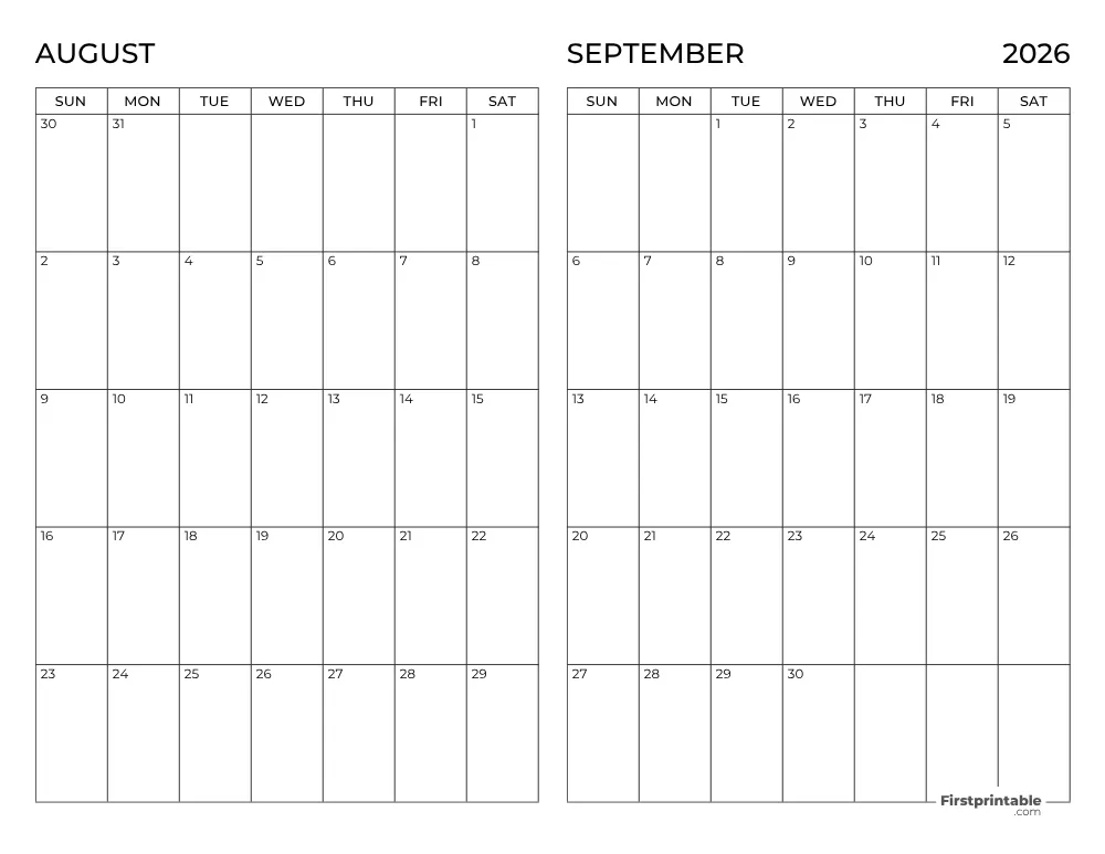Two Month August September 2026 Calendar Template 03