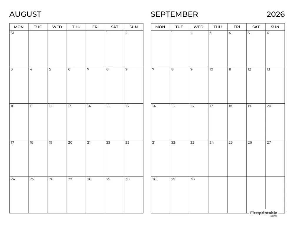 Two Month August September 2026 Calendar Template 10