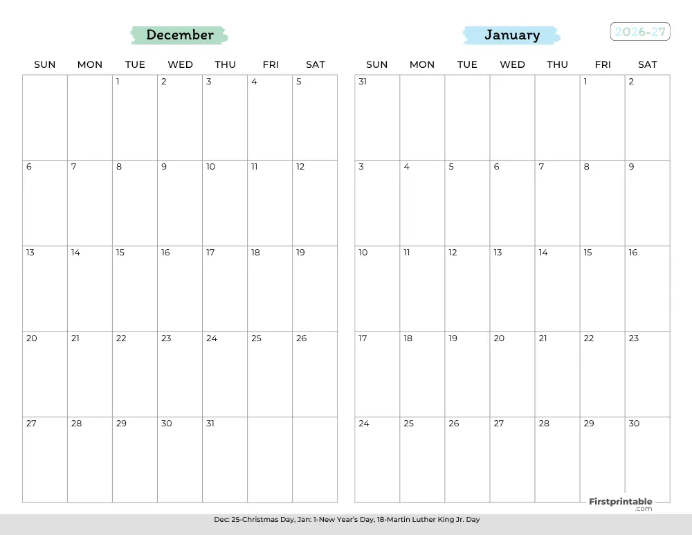 Two Month December January 2026 Calendar Template 02