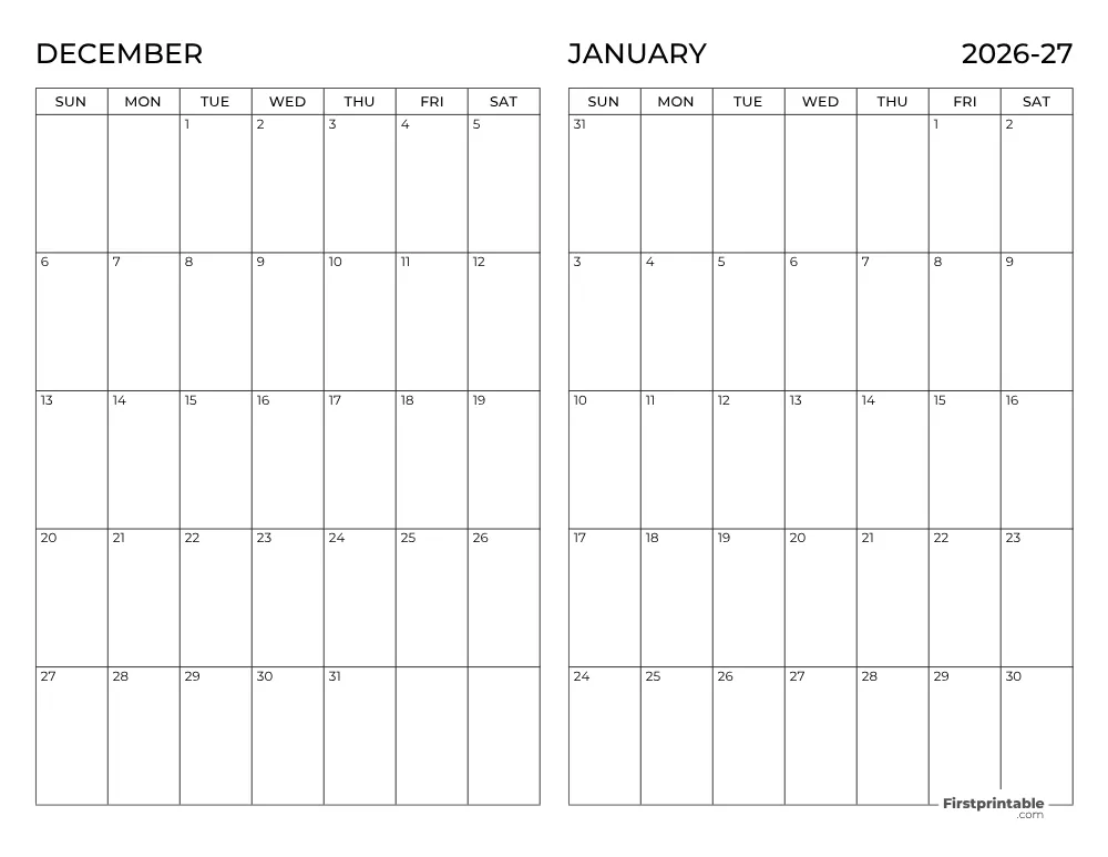 Two Month December January 2026 Calendar Template 03