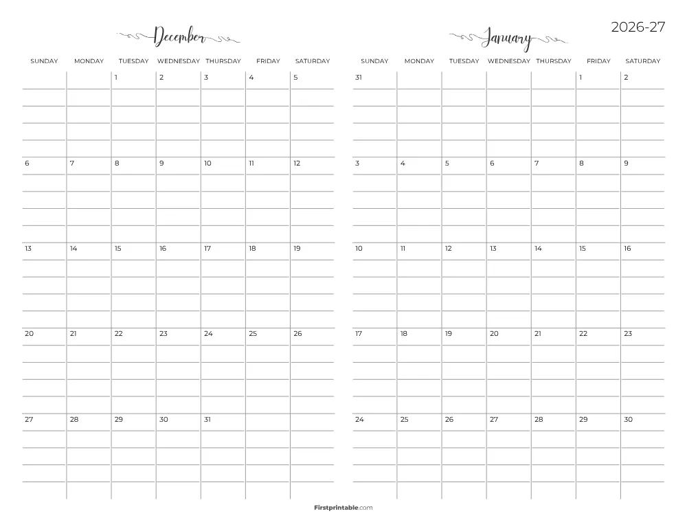 Two Month December January 2026 Calendar Template 05