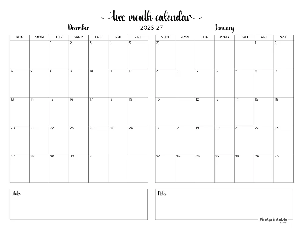 Two Month December January 2026 Calendar Template 08