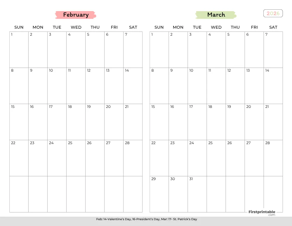 Two Month February March 2026 Calendar Template 02
