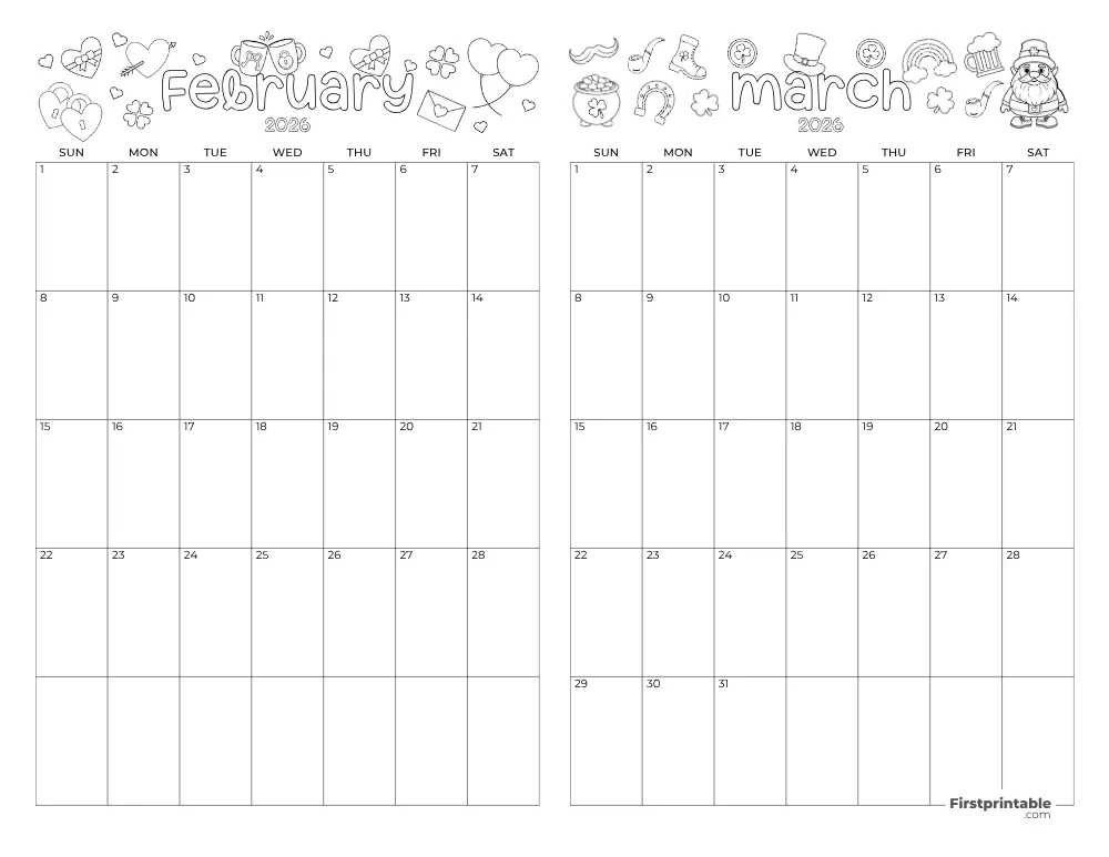 Two Month February March 2026 Calendar Template 04