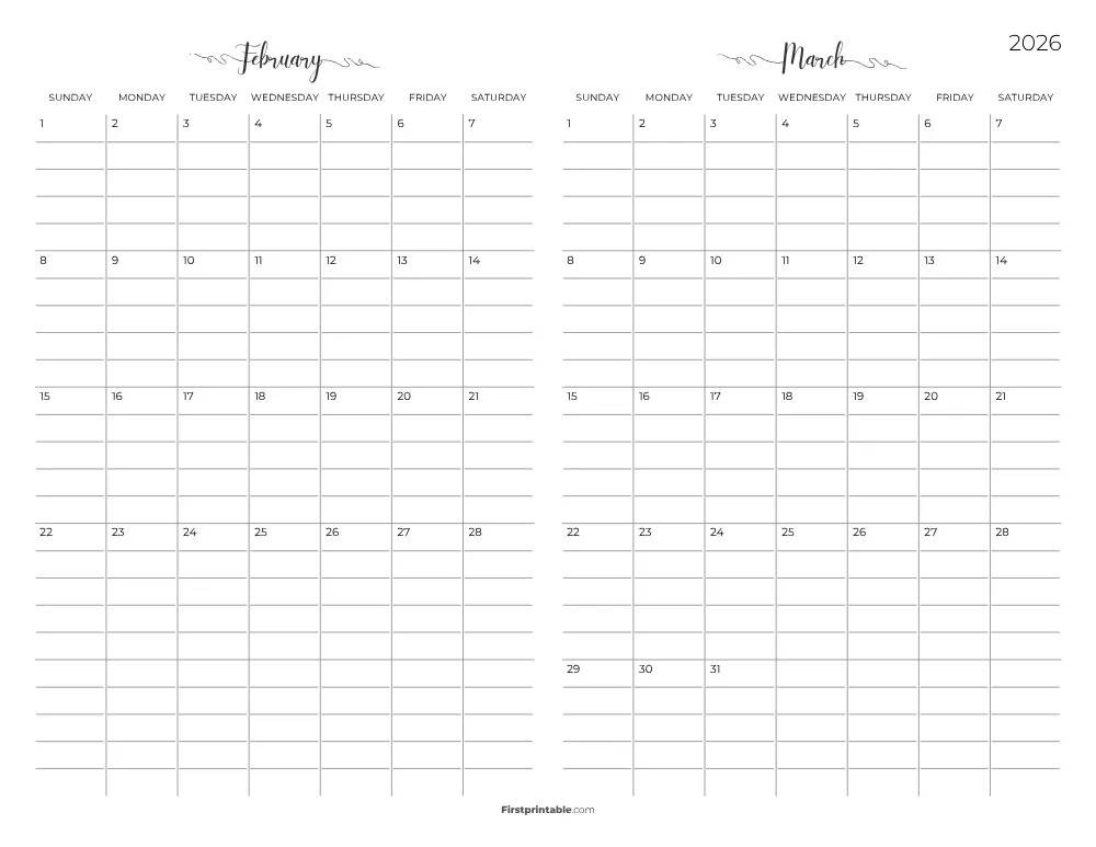 Two Month February March 2026 Calendar Template 05