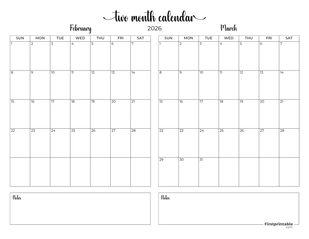 Two Month February March 2026 Calendar Template 08