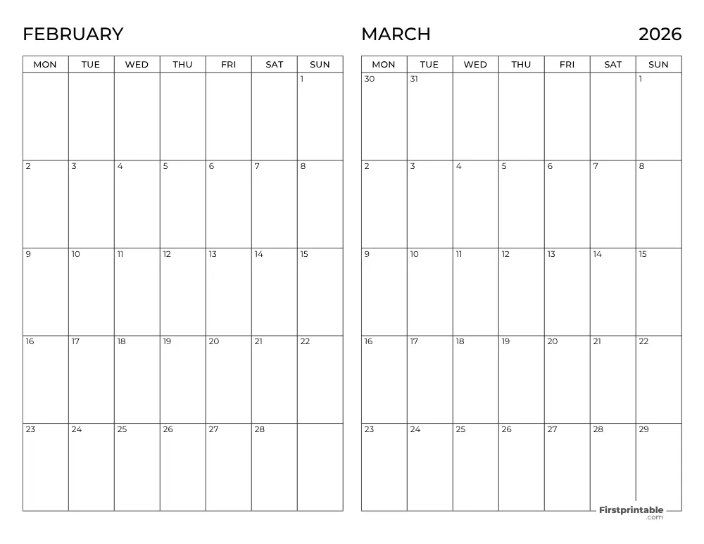 Two Month February March 2026 Calendar Template 10