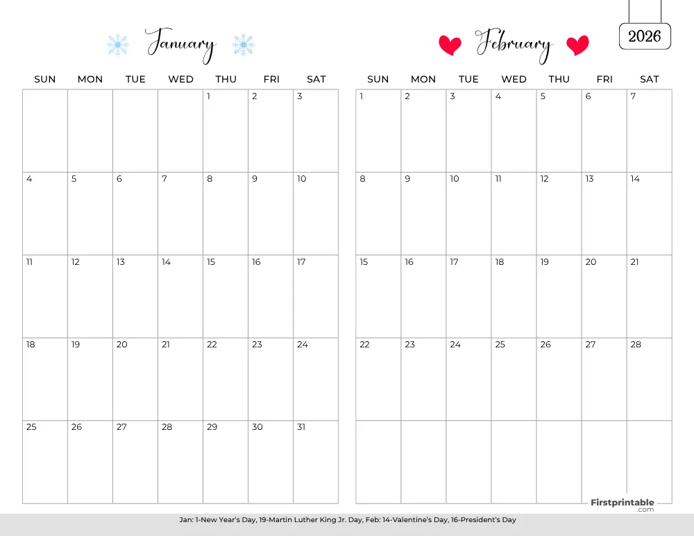 Two Month January February 2026 Calendar Template 01