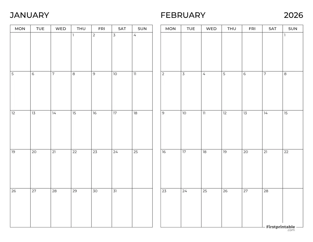 Two Month January February 2026 Calendar Template 10