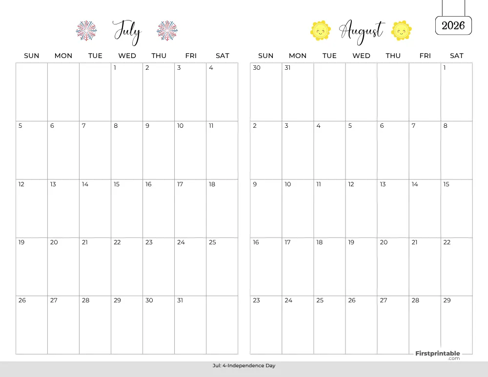 Two Month July August 2026 Calendar Template 01