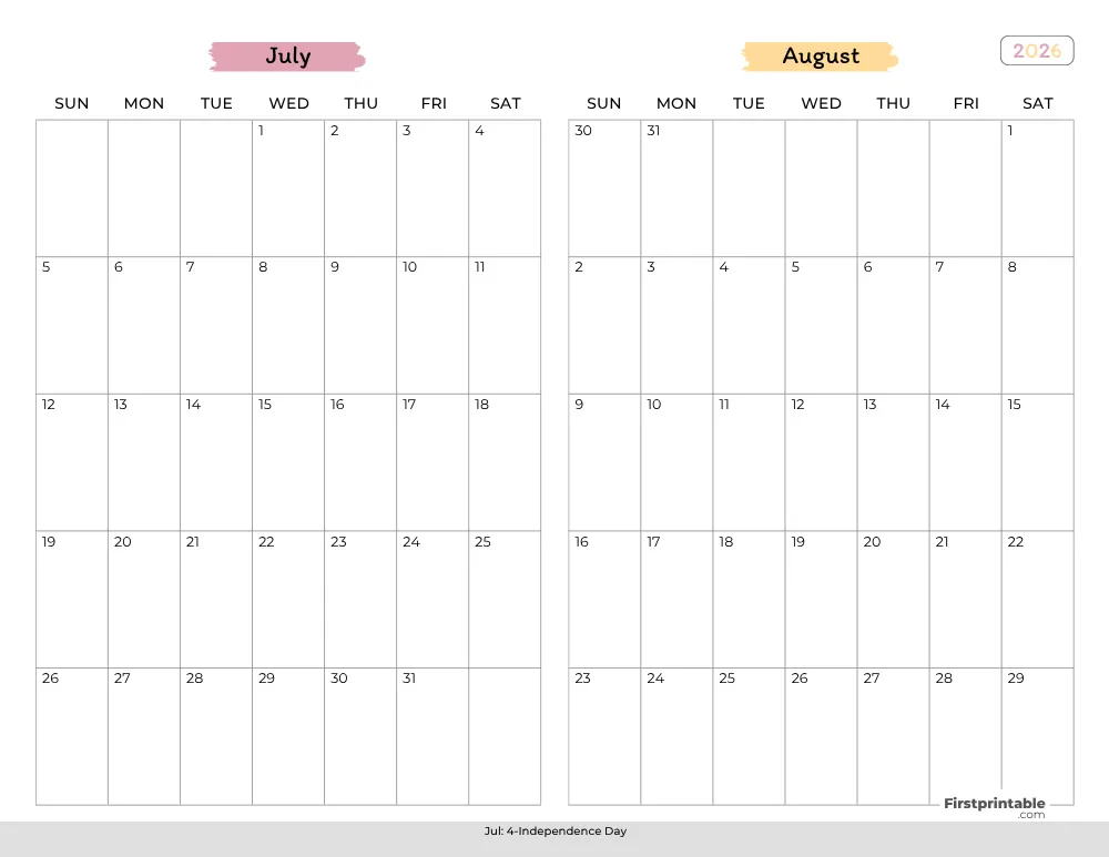 Two Month July August 2026 Calendar Template 02