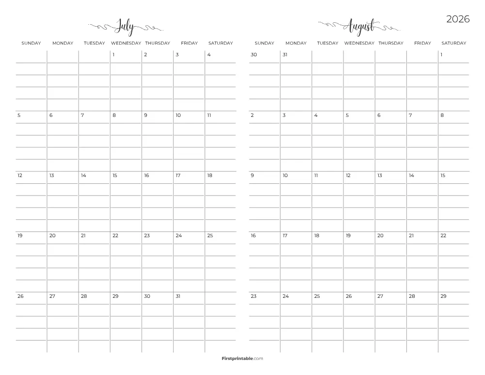 Two Month July August 2026 Calendar Template 05
