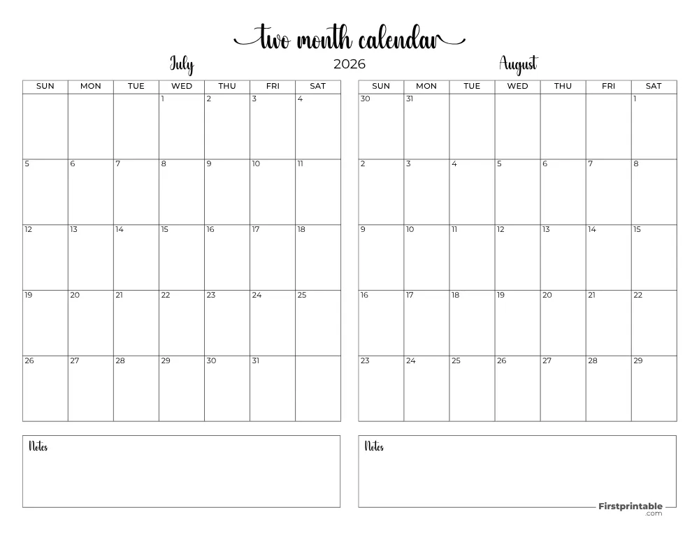 Two Month July August 2026 Calendar Template 08