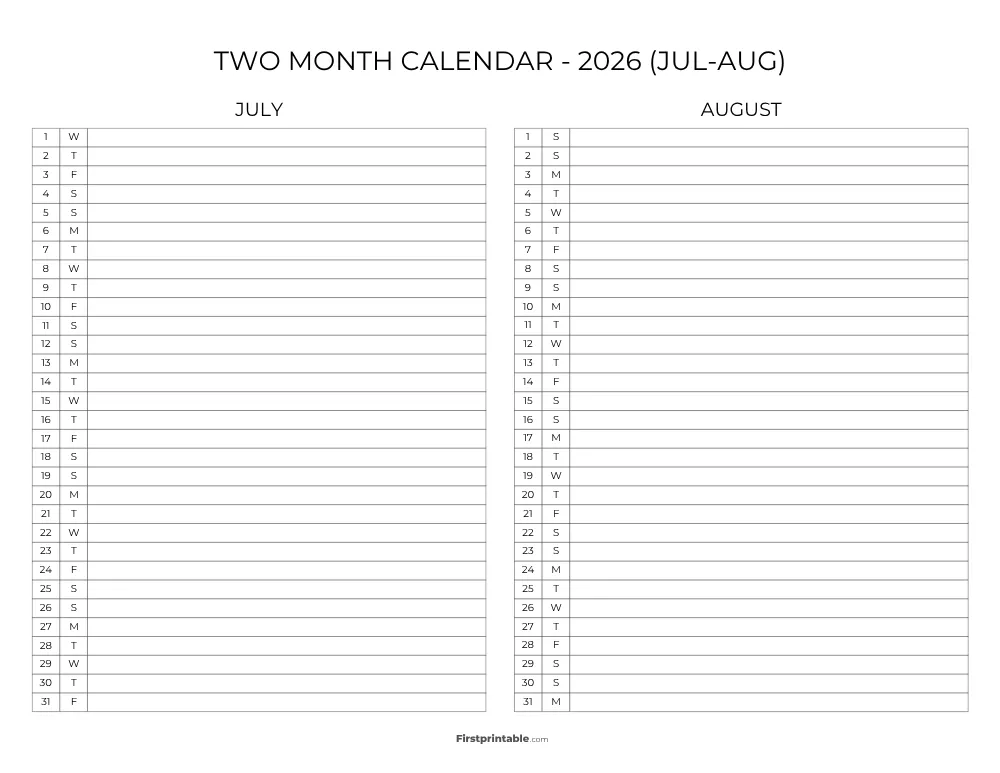 Two Month July August 2026 Calendar Template 09