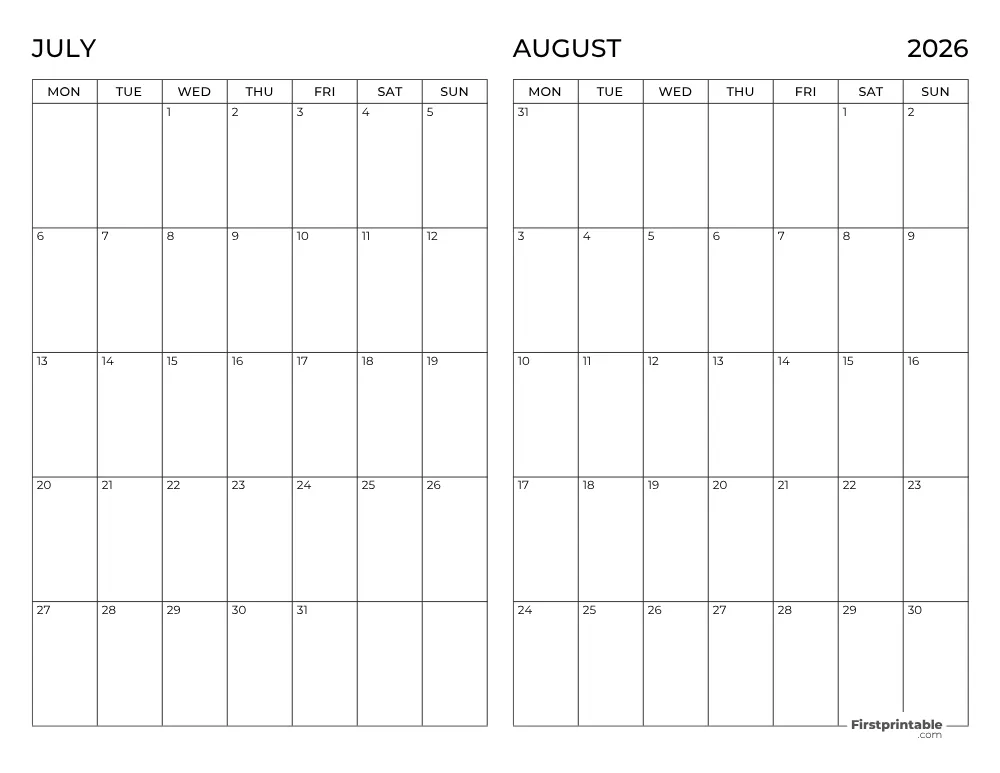 Two Month July August 2026 Calendar Template 10