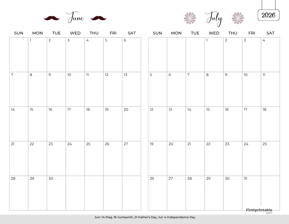 Two Month June July 2026 Calendar Template 01