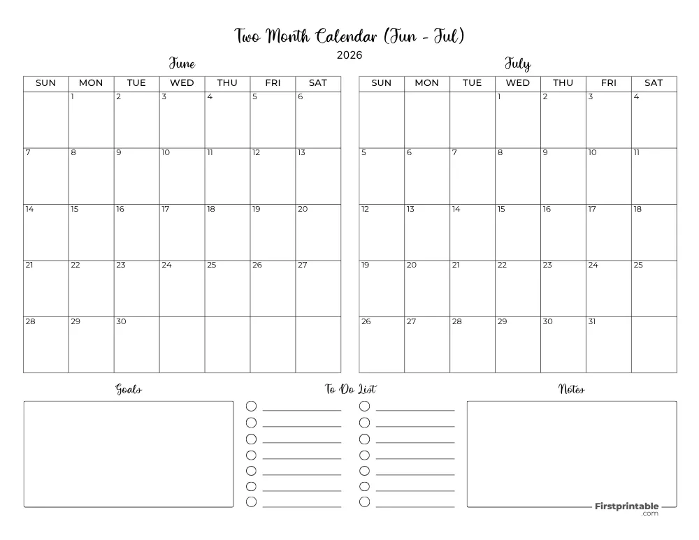 Two Month June July 2026 Calendar Template 06