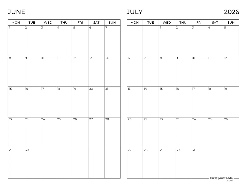 Two Month June July 2026 Calendar Template 10