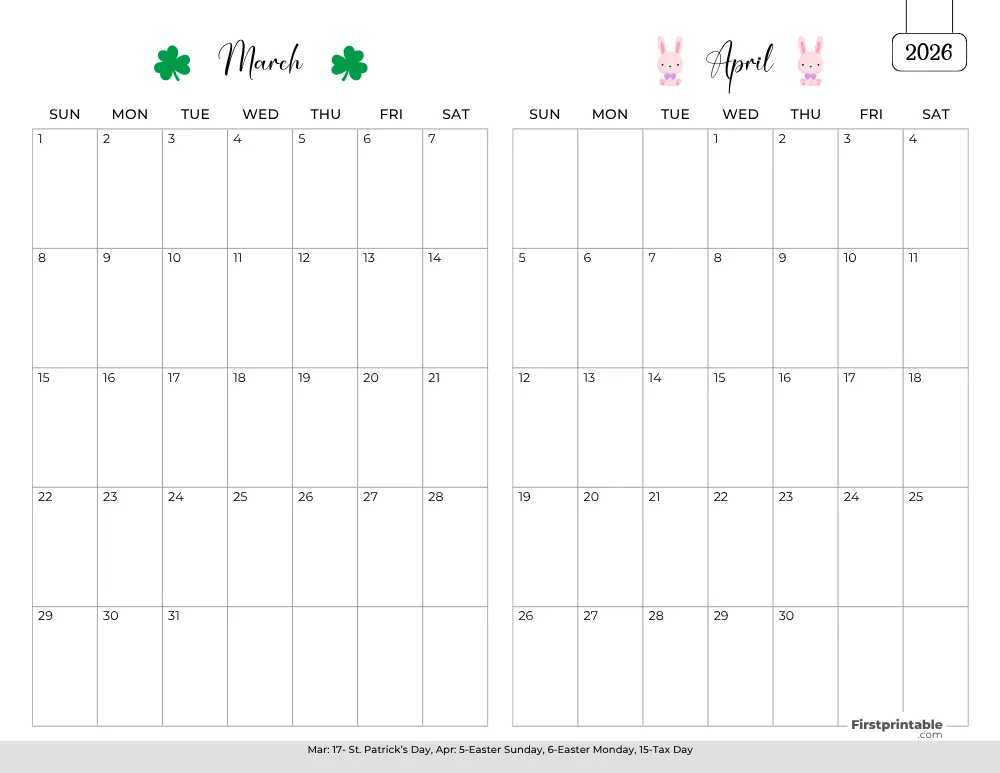Two Month March April 2026 Calendar Template 01