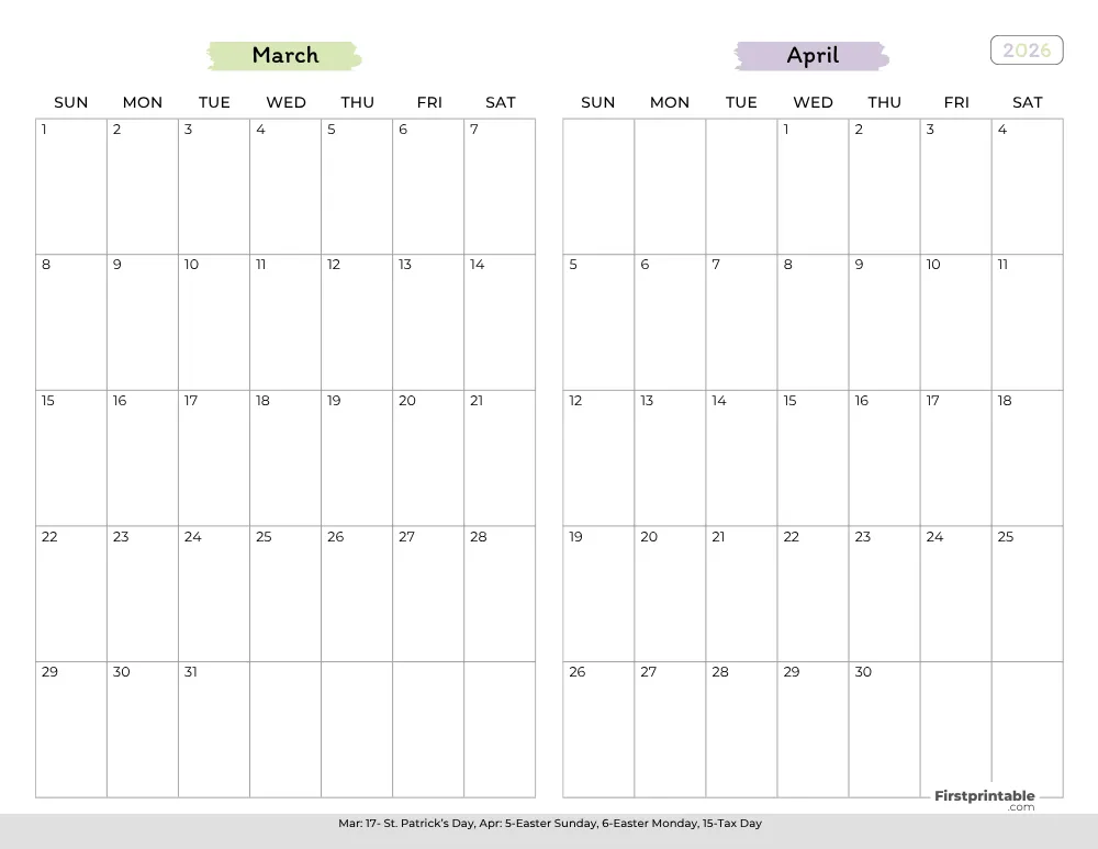 Two Month March April 2026 Calendar Template 02