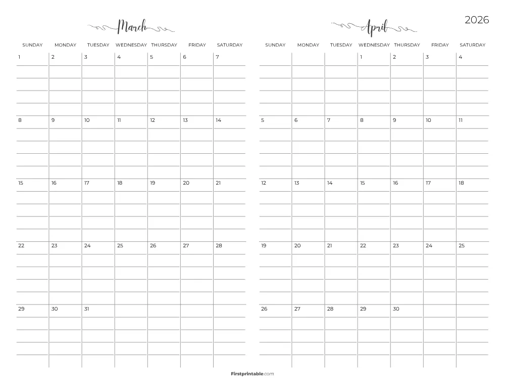 Two Month March April 2026 Calendar Template 05