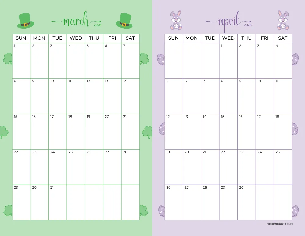 Two Month March April 2026 Calendar Template 07