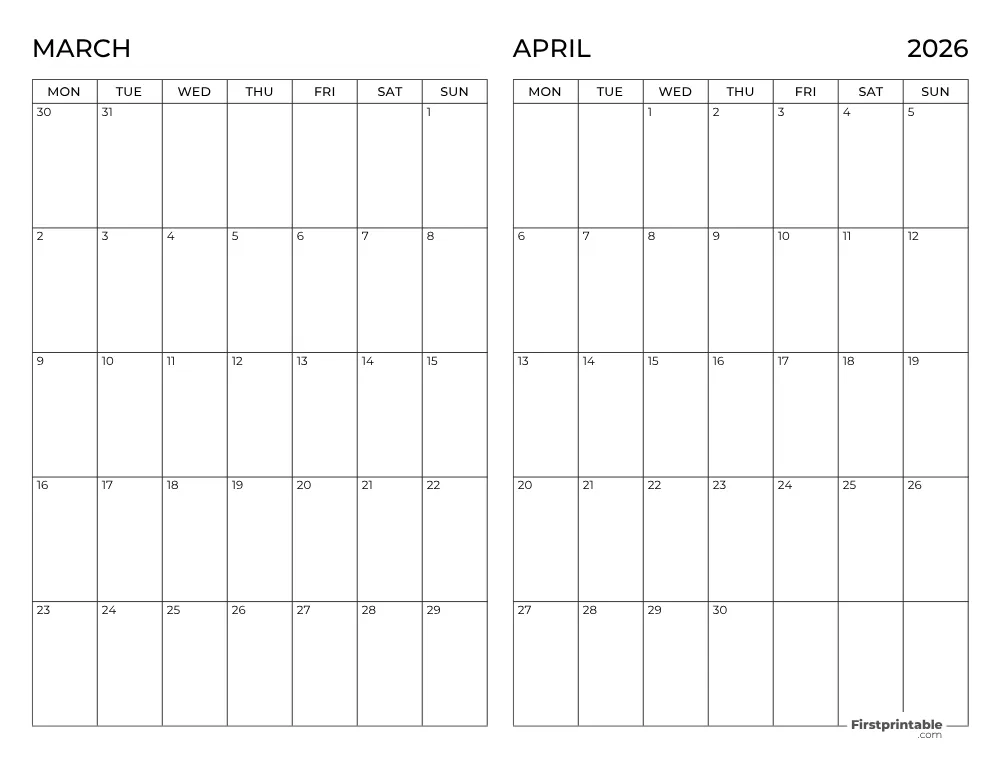 Two Month March April 2026 Calendar Template 10