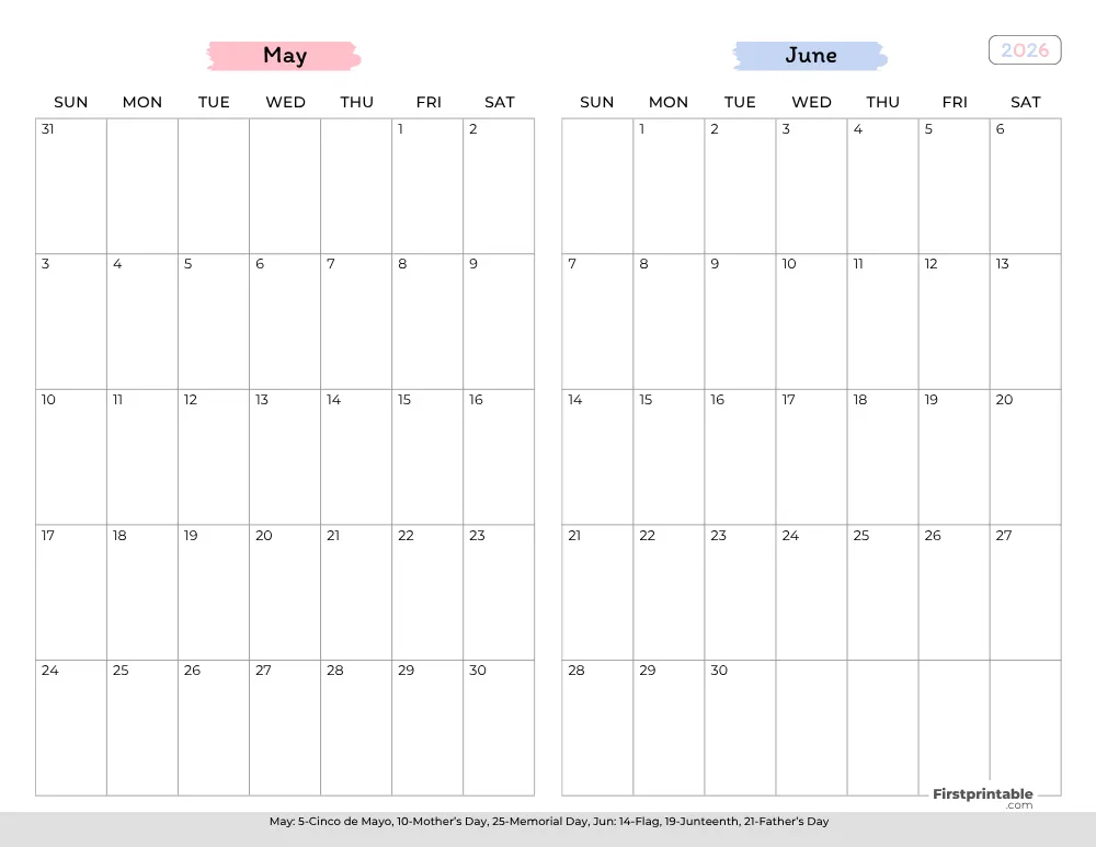 Two Month May June 2026 Calendar Template 02