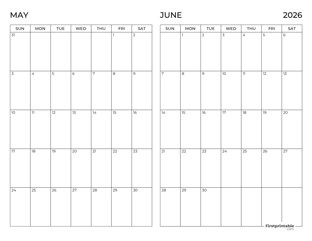 Two Month May June 2026 Calendar Template 03