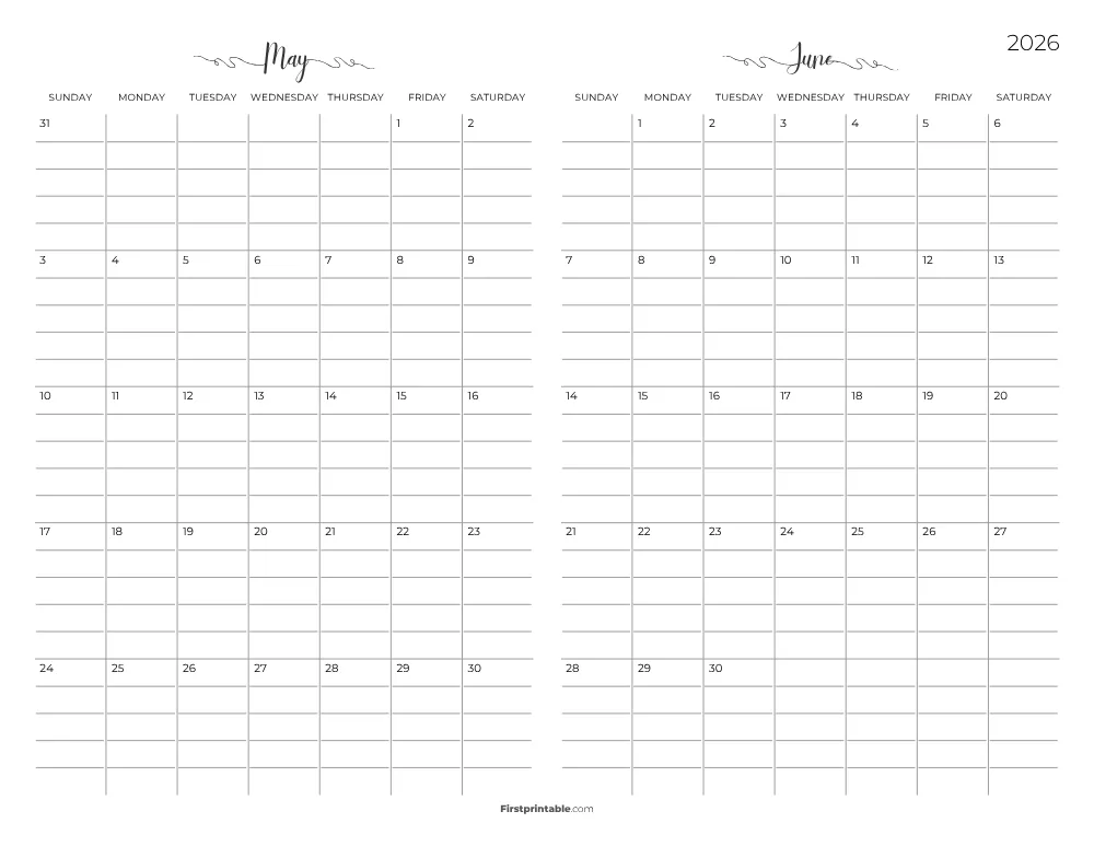 Two Month May June 2026 Calendar Template 05