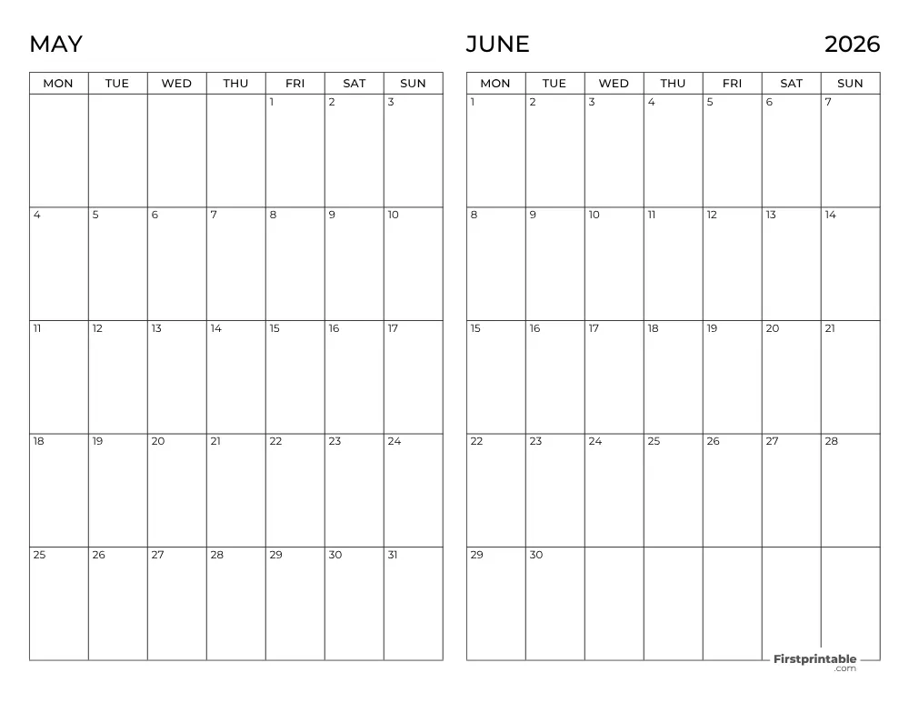 Two Month May June 2026 Calendar Template 10