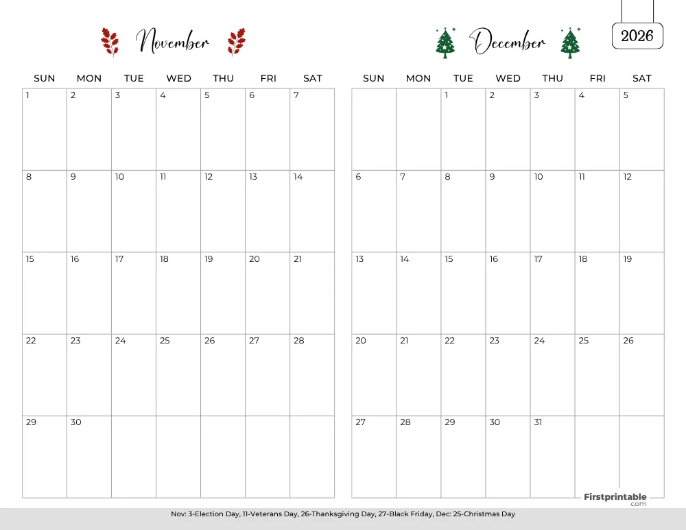 Two Month November December 2026 Calendar Template 01
