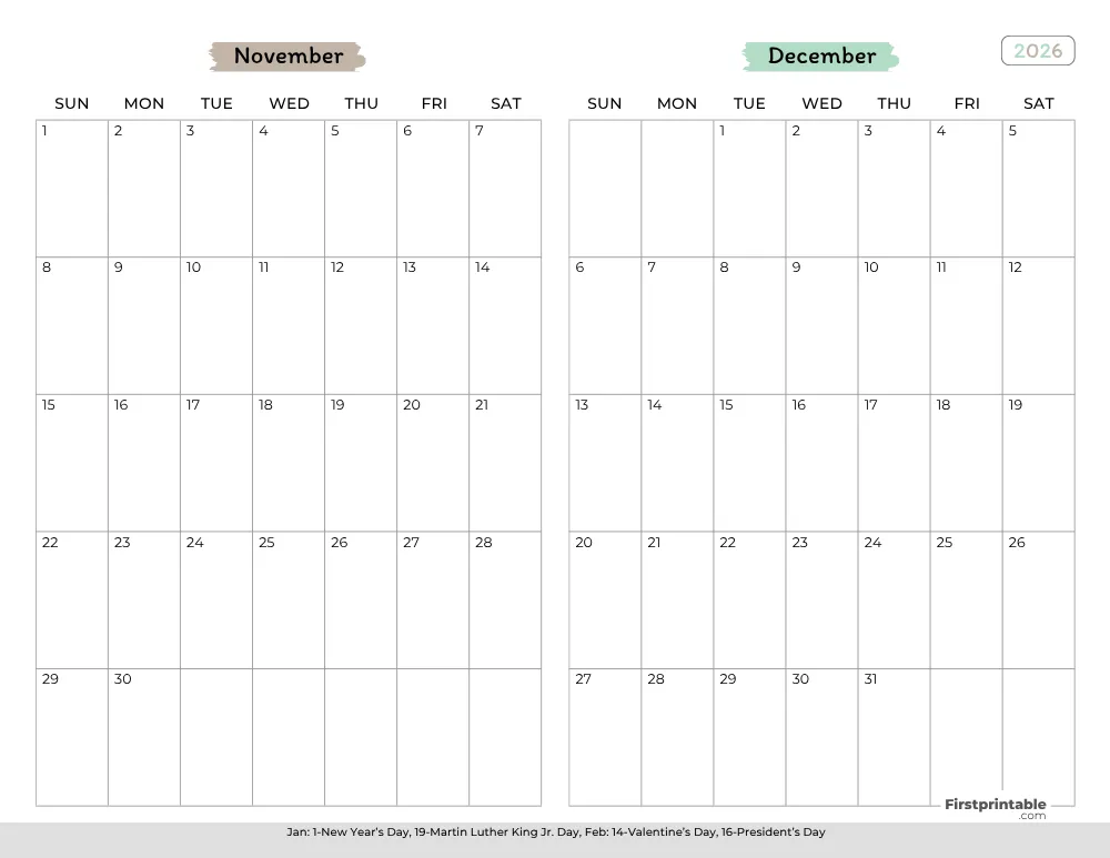Two Month November December 2026 Calendar Template 02