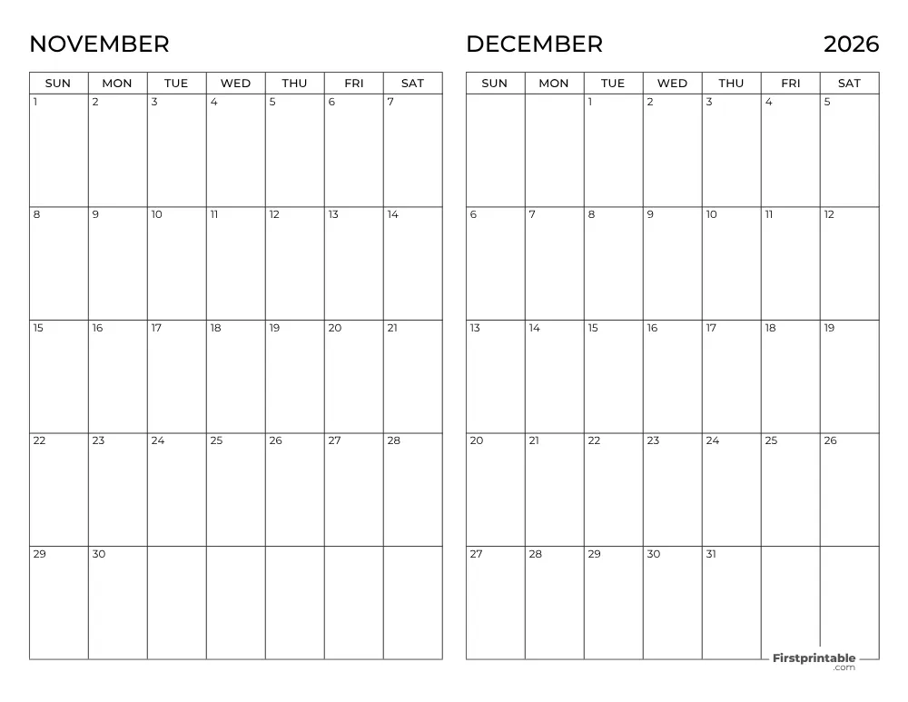Two Month November December 2026 Calendar Template 03
