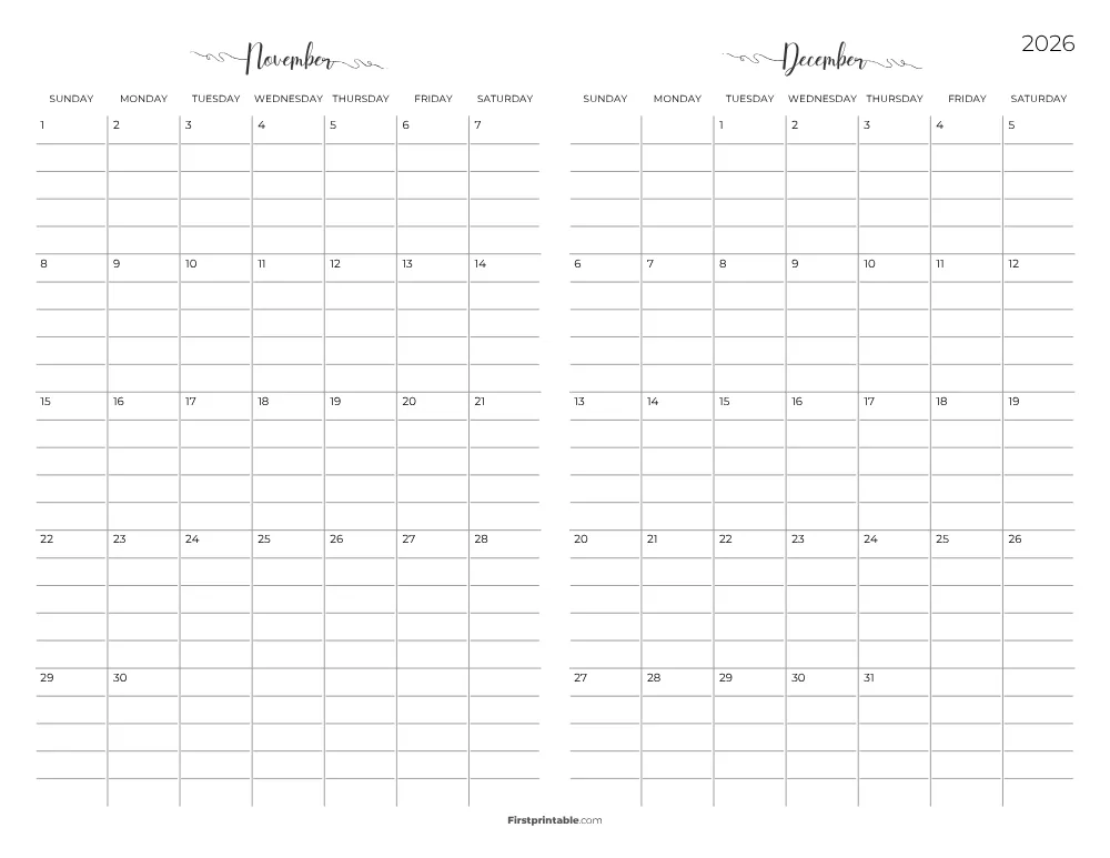 Two Month November December 2026 Calendar Template 05