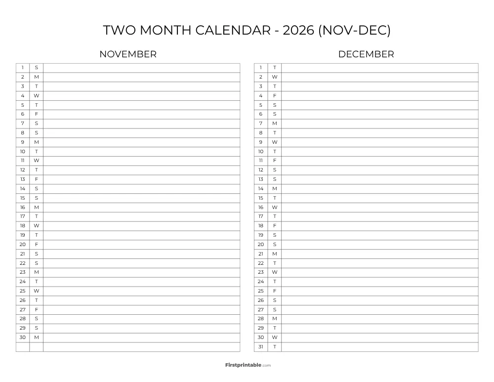 Two Month November December 2026 Calendar Template 09