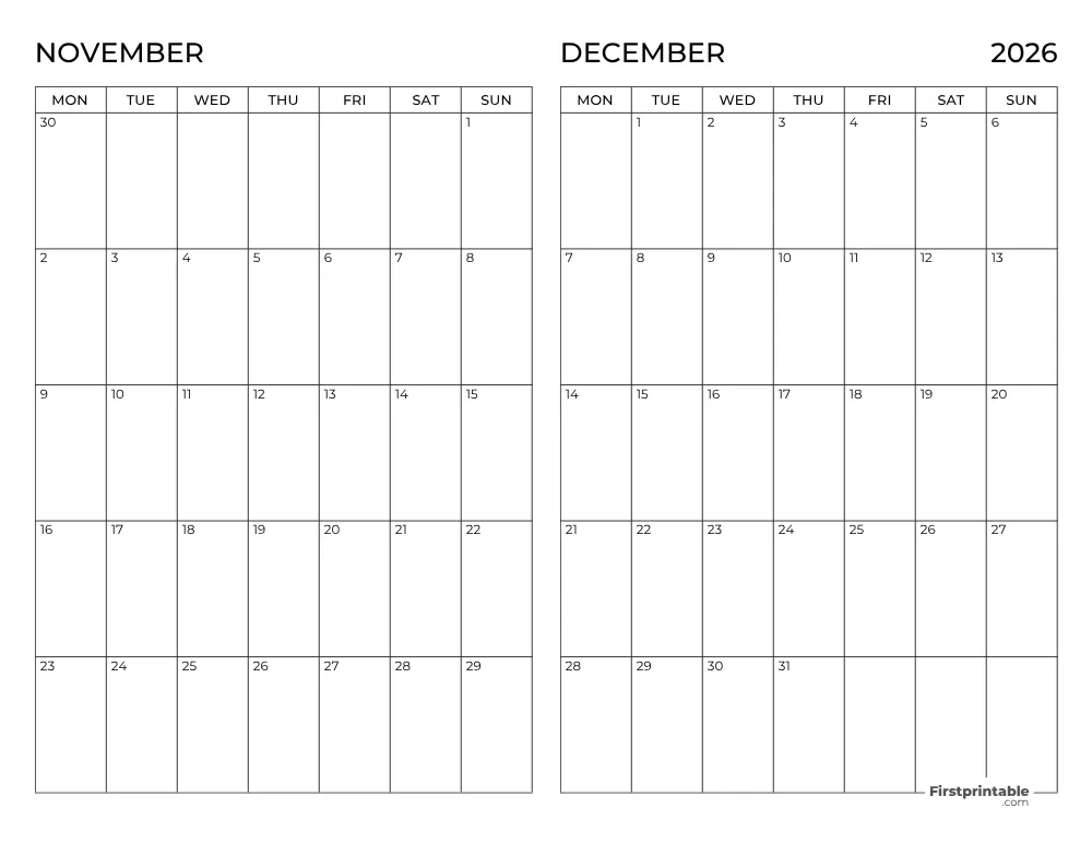 Two Month November December 2026 Calendar Template 10